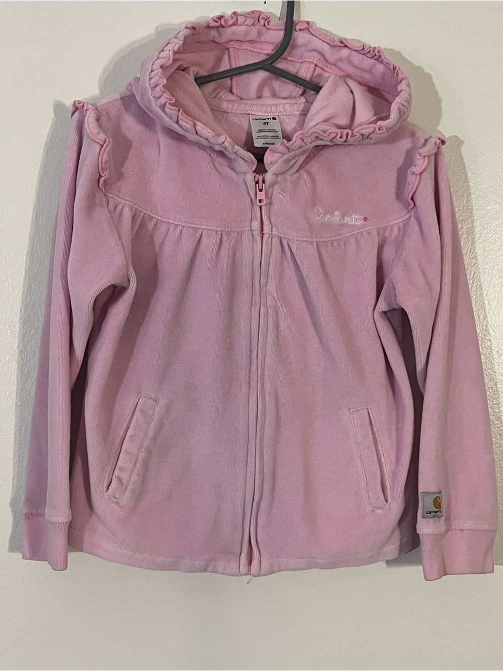 Carhartt Girls' Light Pink Fleece Zip-Up Hoodie with Ruffle Trim